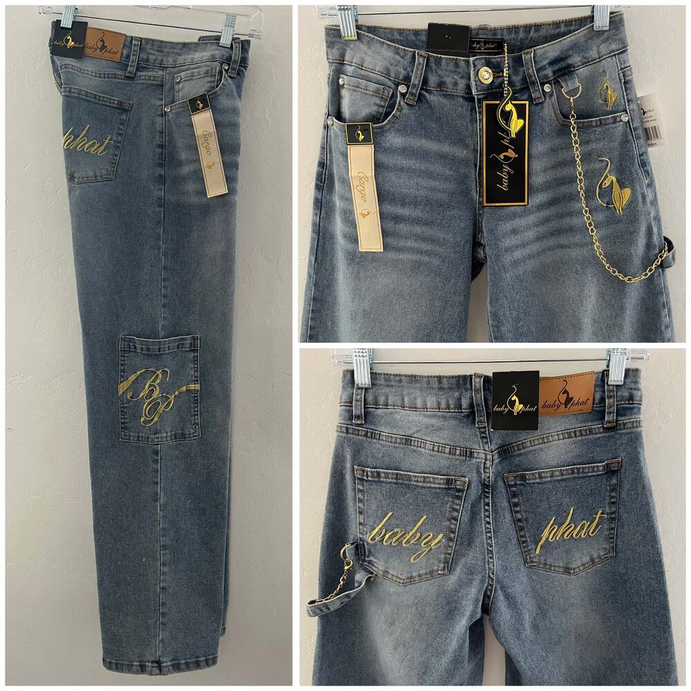 Baby Phat Cargo Jeans Baggy Denim Glam Embroidered Gold Chain Size 5 (27x30) NEW